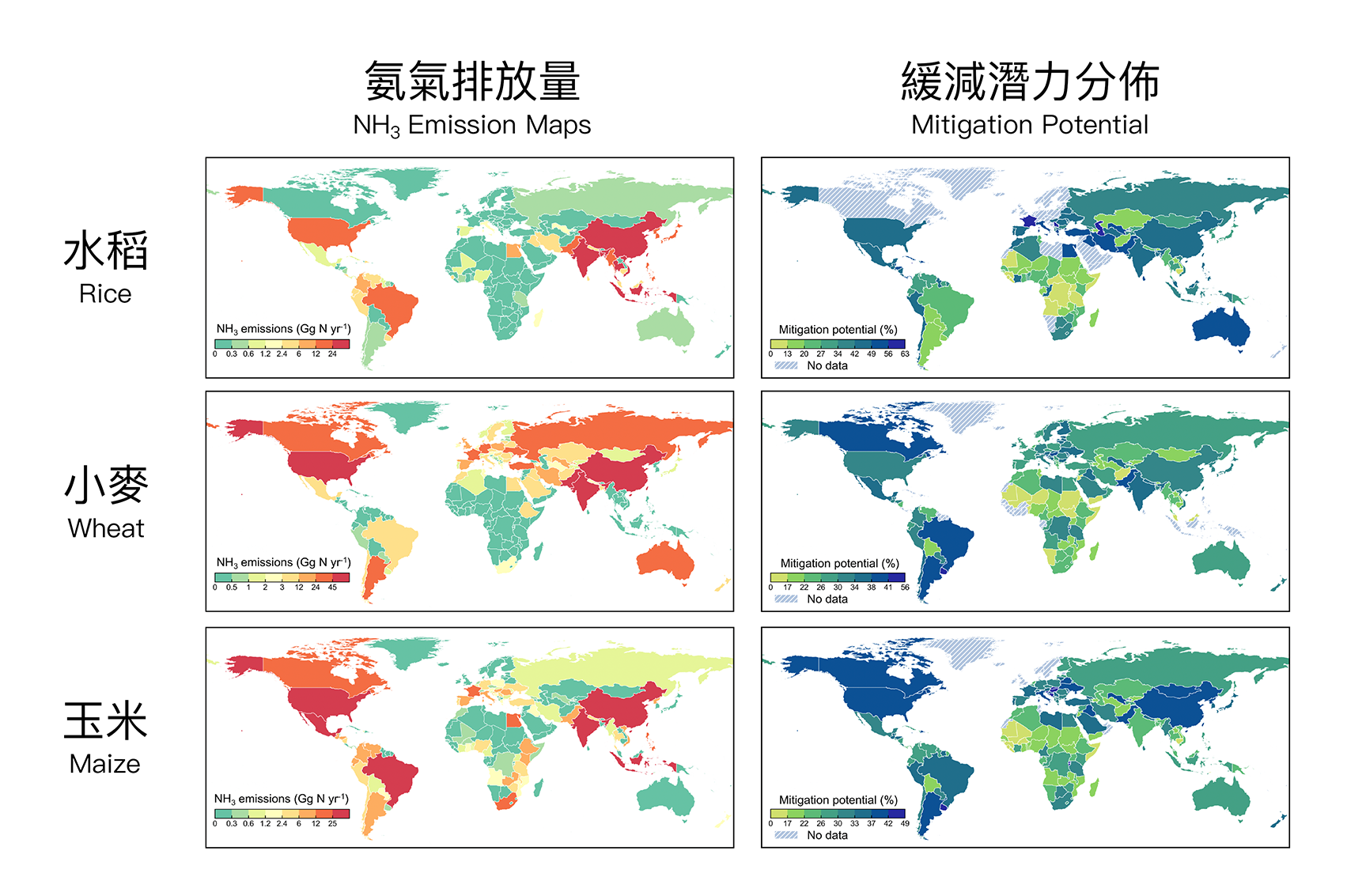 NH3 emission maps and mitigation potential of three major crops – rice, wheat, and maize. 