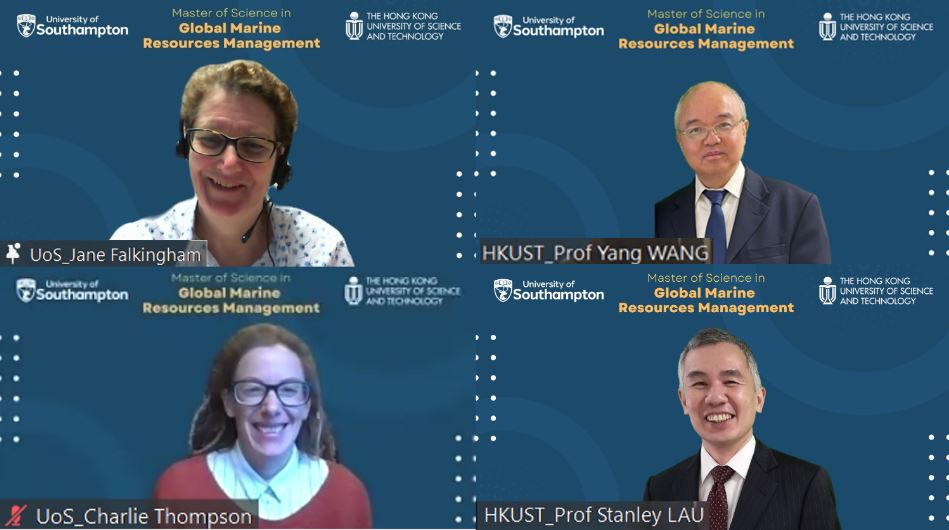 (Top row; from left) Prof. Jane FALKINGHAM, Vice-President of International and Engagement at the University of Southampton and Prof. WANG Yang, Vice-President for Institutional Advancement at HKUST   (Bottom row; from left) Dr. Charlie THOMPSON, Co-Program Director at the University of Southampton and Prof. Stanley LAU, Co-Program Director and Acting Head of HKUST’s Department of Ocean Science