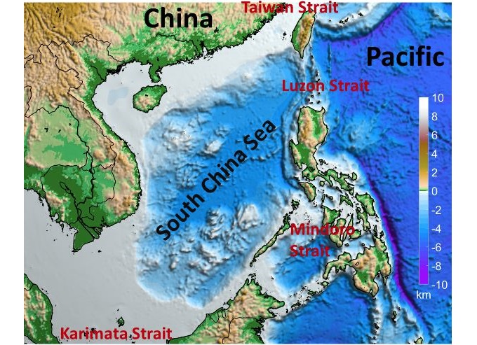 Geographical location and bathymetry of the South China Sea.